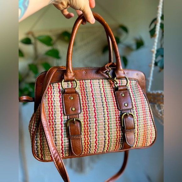 Vintage Handbags - Vintage Woven Satchel Purse Boho Coastal Tote Faux Leather Removable Crossbody